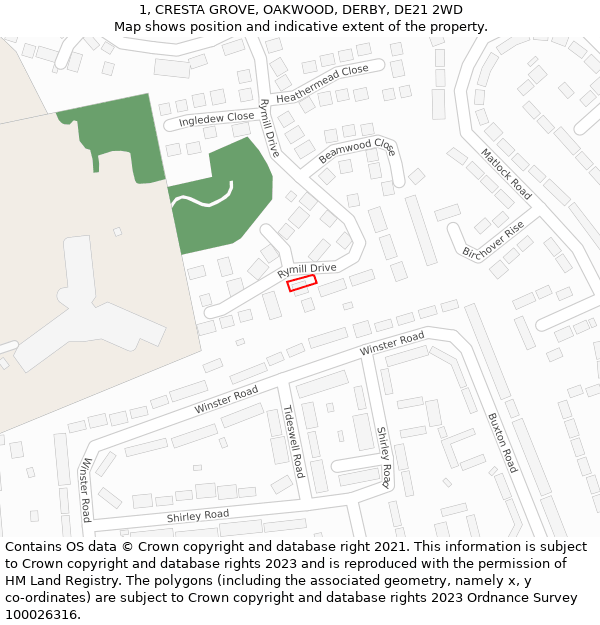 1, CRESTA GROVE, OAKWOOD, DERBY, DE21 2WD: Location map and indicative extent of plot