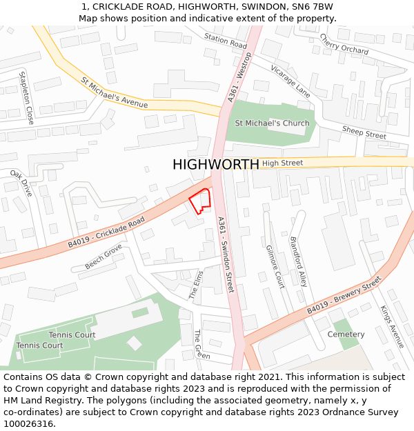 1, CRICKLADE ROAD, HIGHWORTH, SWINDON, SN6 7BW: Location map and indicative extent of plot