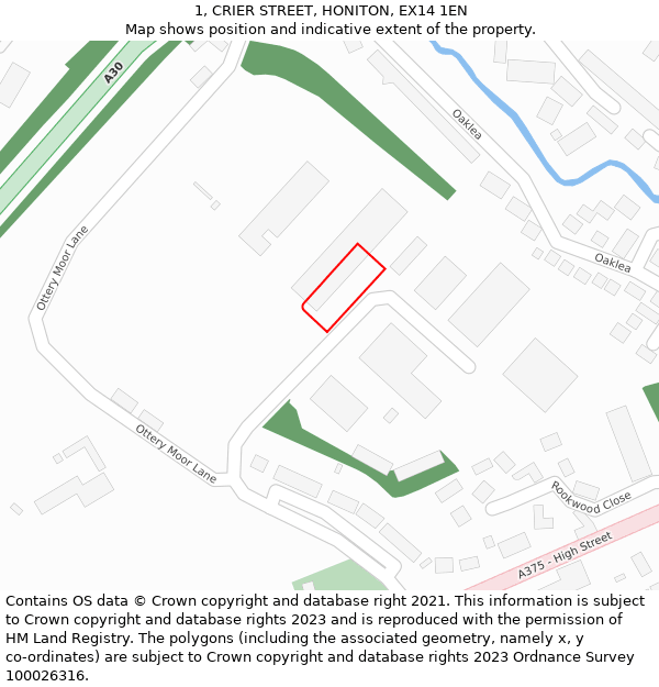 1, CRIER STREET, HONITON, EX14 1EN: Location map and indicative extent of plot