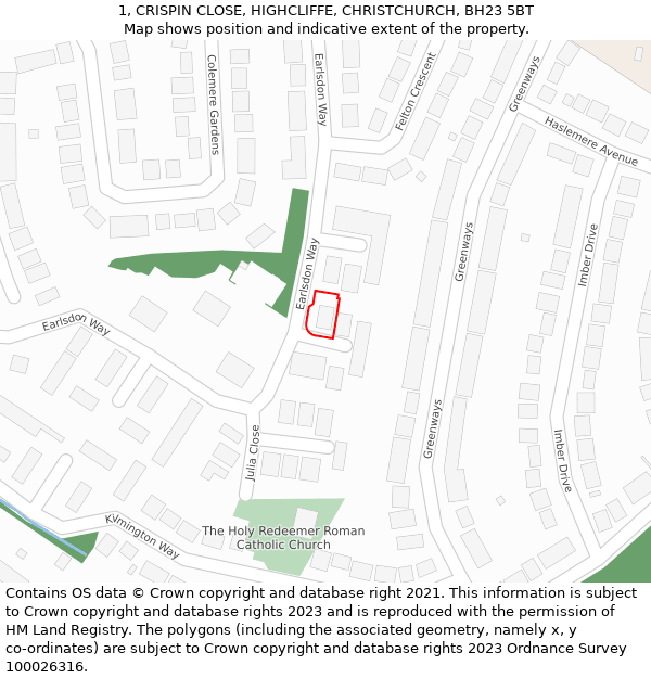 1, CRISPIN CLOSE, HIGHCLIFFE, CHRISTCHURCH, BH23 5BT: Location map and indicative extent of plot