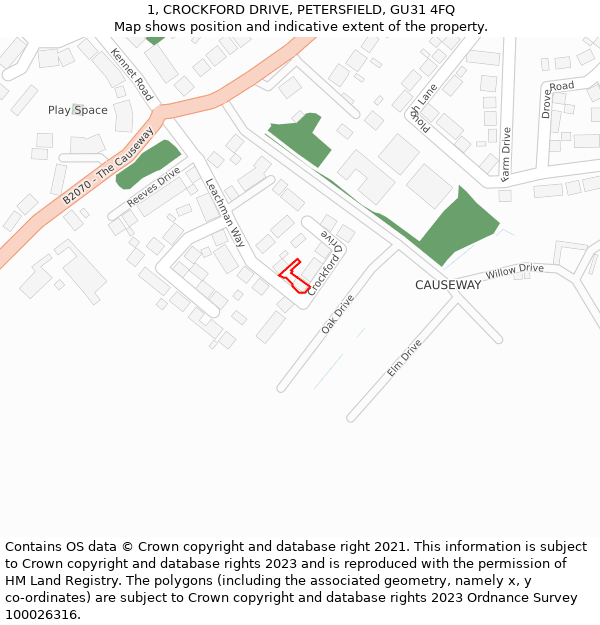 1, CROCKFORD DRIVE, PETERSFIELD, GU31 4FQ: Location map and indicative extent of plot