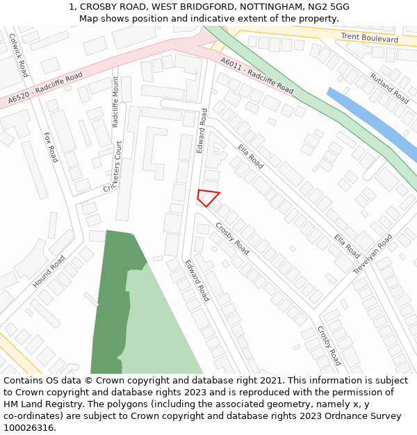 1, CROSBY ROAD, WEST BRIDGFORD, NOTTINGHAM, NG2 5GG: Location map and indicative extent of plot
