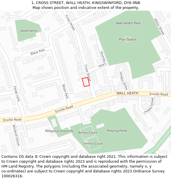 1, CROSS STREET, WALL HEATH, KINGSWINFORD, DY6 0NB: Location map and indicative extent of plot