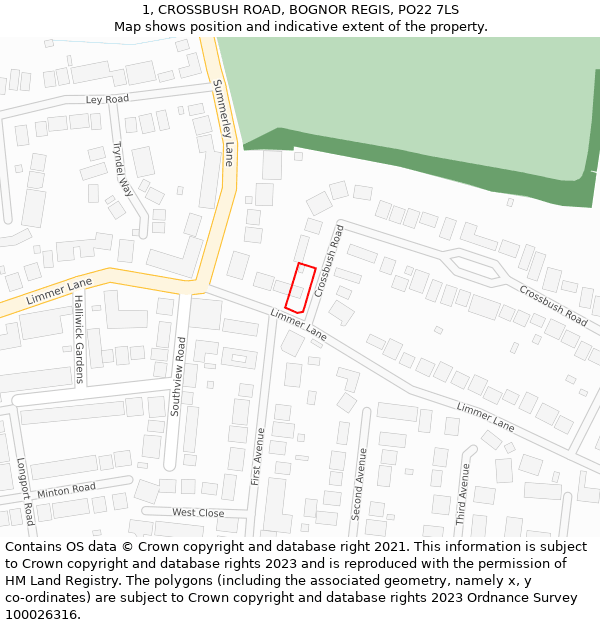 1, CROSSBUSH ROAD, BOGNOR REGIS, PO22 7LS: Location map and indicative extent of plot