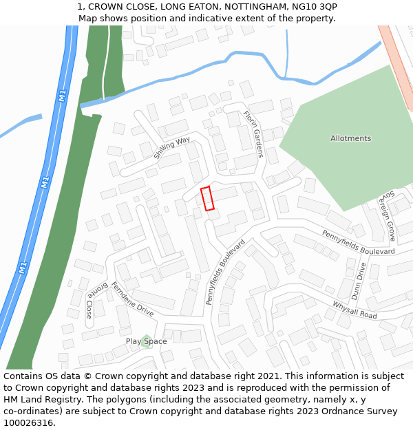 1, CROWN CLOSE, LONG EATON, NOTTINGHAM, NG10 3QP: Location map and indicative extent of plot