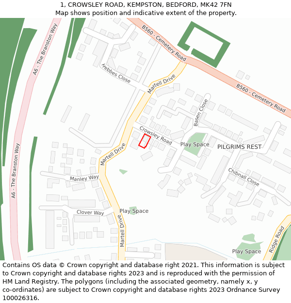 1, CROWSLEY ROAD, KEMPSTON, BEDFORD, MK42 7FN: Location map and indicative extent of plot