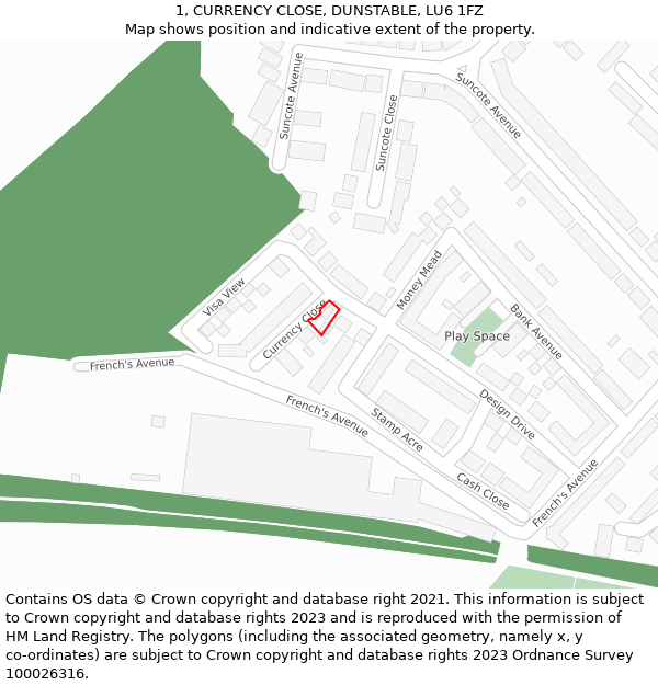 1, CURRENCY CLOSE, DUNSTABLE, LU6 1FZ: Location map and indicative extent of plot