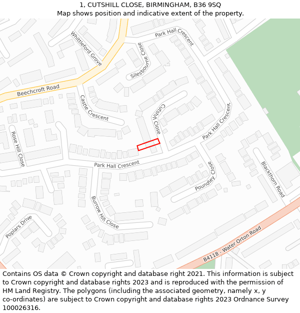 1, CUTSHILL CLOSE, BIRMINGHAM, B36 9SQ: Location map and indicative extent of plot