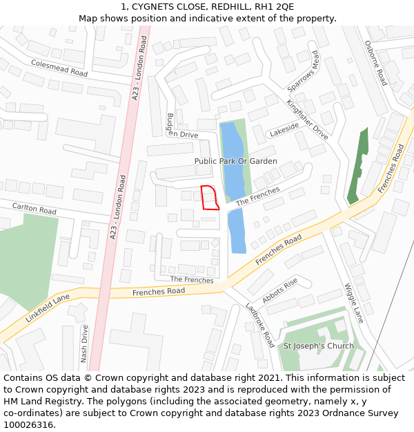 1, CYGNETS CLOSE, REDHILL, RH1 2QE: Location map and indicative extent of plot