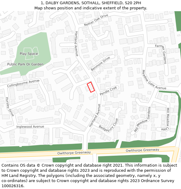 1, DALBY GARDENS, SOTHALL, SHEFFIELD, S20 2PH: Location map and indicative extent of plot