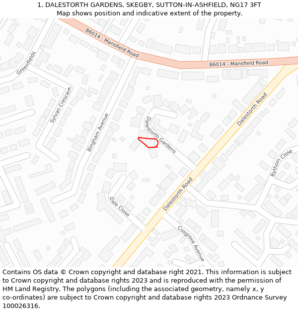 1, DALESTORTH GARDENS, SKEGBY, SUTTON-IN-ASHFIELD, NG17 3FT: Location map and indicative extent of plot