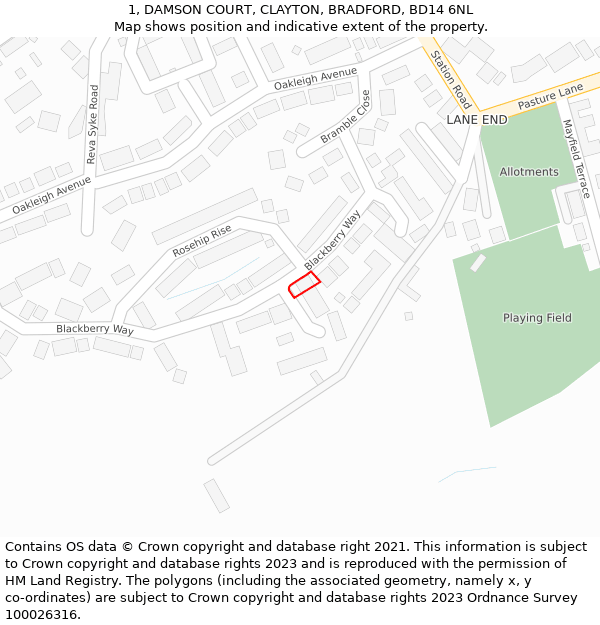 1, DAMSON COURT, CLAYTON, BRADFORD, BD14 6NL: Location map and indicative extent of plot