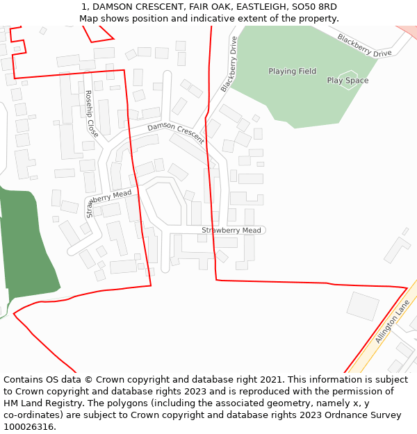 1, DAMSON CRESCENT, FAIR OAK, EASTLEIGH, SO50 8RD: Location map and indicative extent of plot