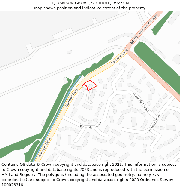 1, DAMSON GROVE, SOLIHULL, B92 9EN: Location map and indicative extent of plot