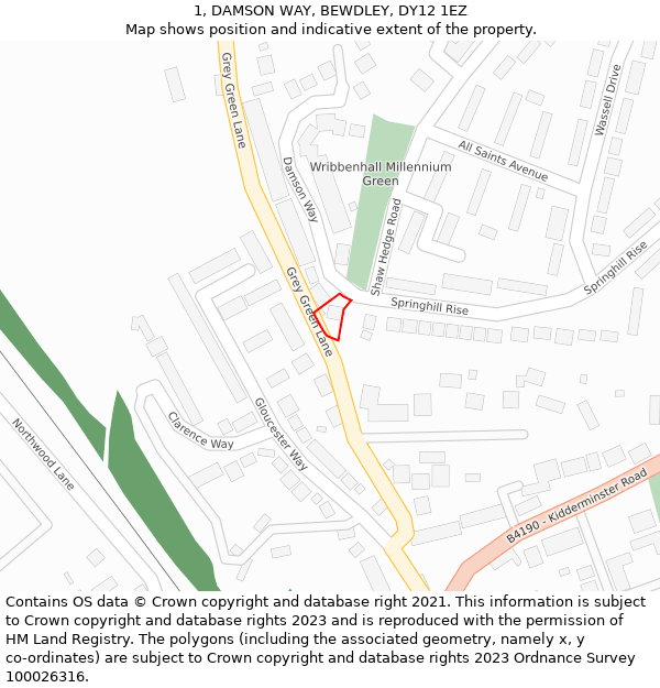 1, DAMSON WAY, BEWDLEY, DY12 1EZ: Location map and indicative extent of plot