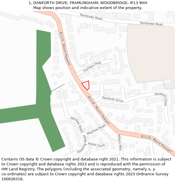 1, DANFORTH DRIVE, FRAMLINGHAM, WOODBRIDGE, IP13 9HH: Location map and indicative extent of plot