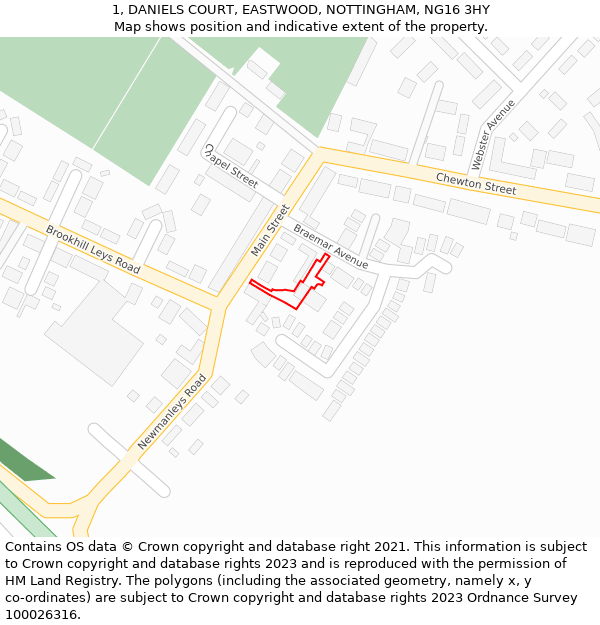 1, DANIELS COURT, EASTWOOD, NOTTINGHAM, NG16 3HY: Location map and indicative extent of plot