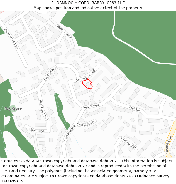 1, DANNOG Y COED, BARRY, CF63 1HF: Location map and indicative extent of plot