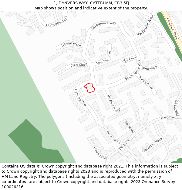 1, DANVERS WAY, CATERHAM, CR3 5FJ: Location map and indicative extent of plot