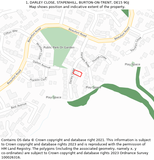 1, DARLEY CLOSE, STAPENHILL, BURTON-ON-TRENT, DE15 9GJ: Location map and indicative extent of plot