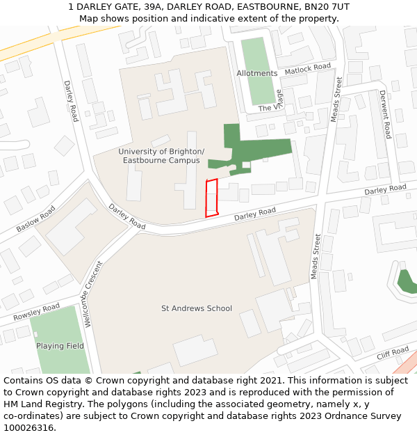 1 DARLEY GATE, 39A, DARLEY ROAD, EASTBOURNE, BN20 7UT: Location map and indicative extent of plot