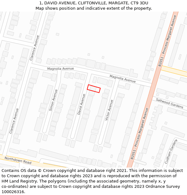 1, DAVID AVENUE, CLIFTONVILLE, MARGATE, CT9 3DU: Location map and indicative extent of plot