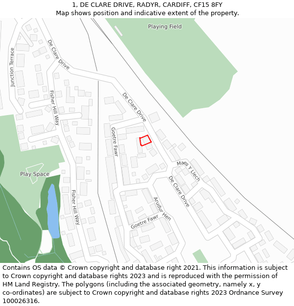 1, DE CLARE DRIVE, RADYR, CARDIFF, CF15 8FY: Location map and indicative extent of plot