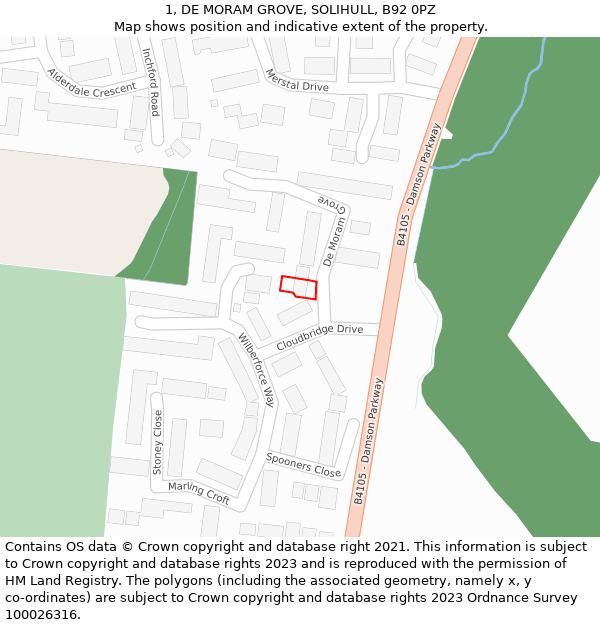 1, DE MORAM GROVE, SOLIHULL, B92 0PZ: Location map and indicative extent of plot