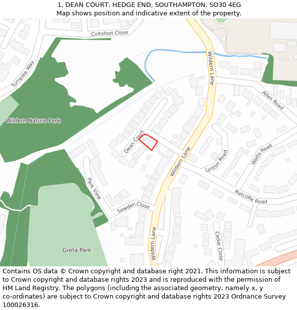 1, DEAN COURT, HEDGE END, SOUTHAMPTON, SO30 4EG: Location map and indicative extent of plot