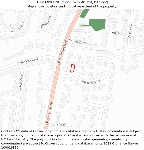 1, DEANSLEIGH CLOSE, WEYMOUTH, DT3 6QQ: Location map and indicative extent of plot