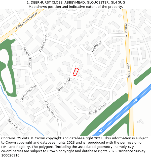 1, DEERHURST CLOSE, ABBEYMEAD, GLOUCESTER, GL4 5UG: Location map and indicative extent of plot