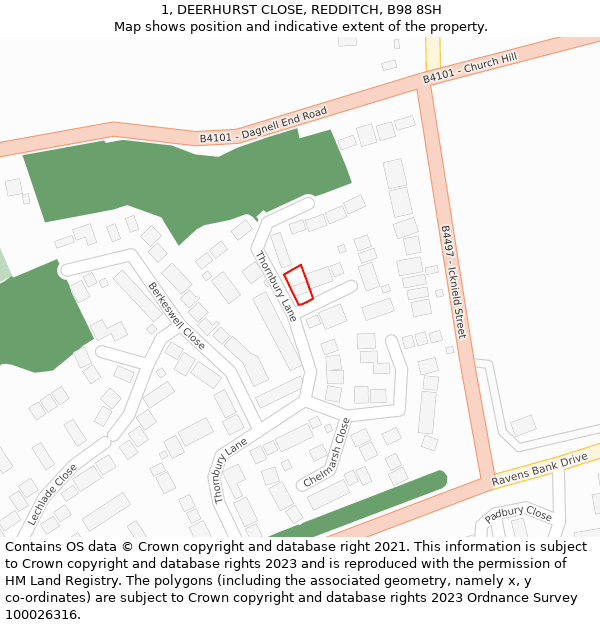 1, DEERHURST CLOSE, REDDITCH, B98 8SH: Location map and indicative extent of plot