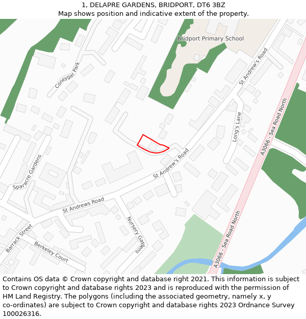 1, DELAPRE GARDENS, BRIDPORT, DT6 3BZ: Location map and indicative extent of plot