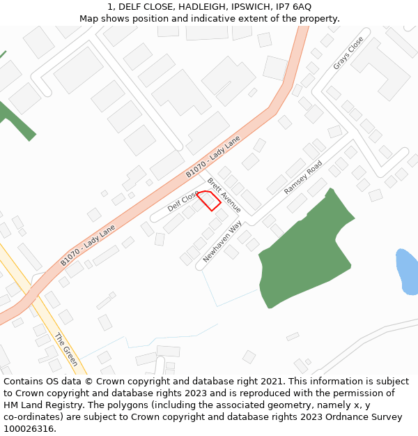 1, DELF CLOSE, HADLEIGH, IPSWICH, IP7 6AQ: Location map and indicative extent of plot