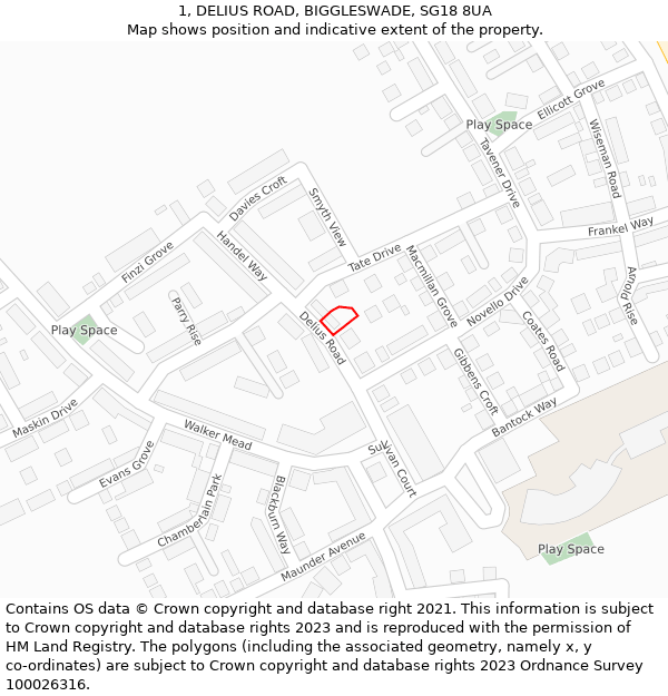 1, DELIUS ROAD, BIGGLESWADE, SG18 8UA: Location map and indicative extent of plot