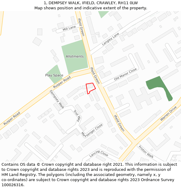1, DEMPSEY WALK, IFIELD, CRAWLEY, RH11 0LW: Location map and indicative extent of plot
