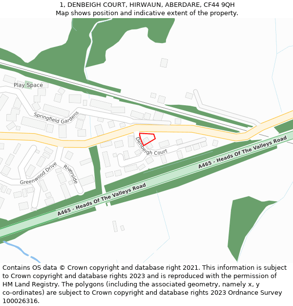 1, DENBEIGH COURT, HIRWAUN, ABERDARE, CF44 9QH: Location map and indicative extent of plot