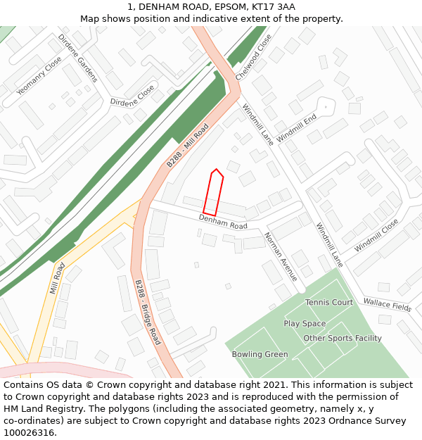 1, DENHAM ROAD, EPSOM, KT17 3AA: Location map and indicative extent of plot