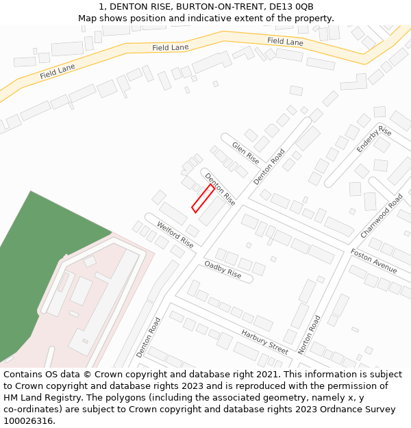 1, DENTON RISE, BURTON-ON-TRENT, DE13 0QB: Location map and indicative extent of plot