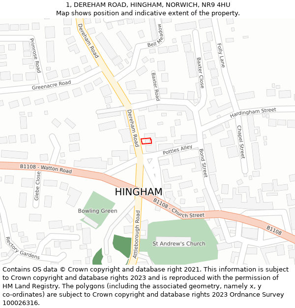 1, DEREHAM ROAD, HINGHAM, NORWICH, NR9 4HU: Location map and indicative extent of plot