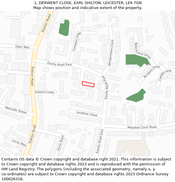 1, DERWENT CLOSE, EARL SHILTON, LEICESTER, LE9 7GN: Location map and indicative extent of plot