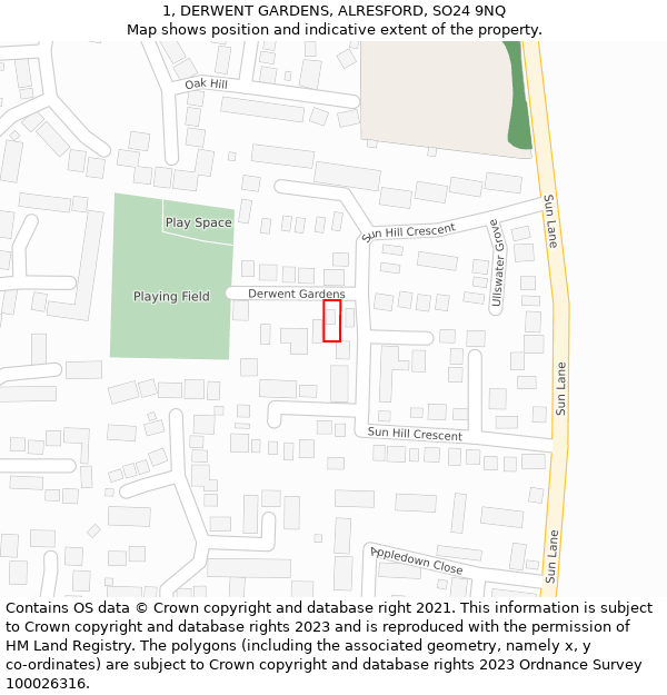 1, DERWENT GARDENS, ALRESFORD, SO24 9NQ: Location map and indicative extent of plot