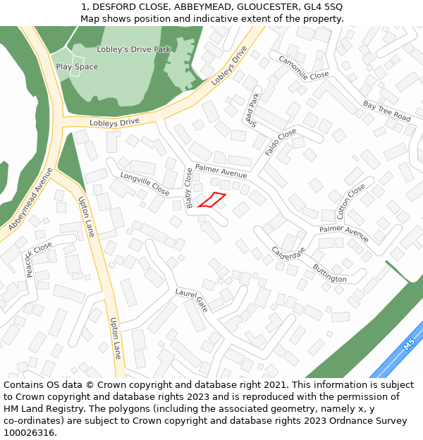 1, DESFORD CLOSE, ABBEYMEAD, GLOUCESTER, GL4 5SQ: Location map and indicative extent of plot