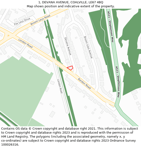 1, DEVANA AVENUE, COALVILLE, LE67 4BQ: Location map and indicative extent of plot