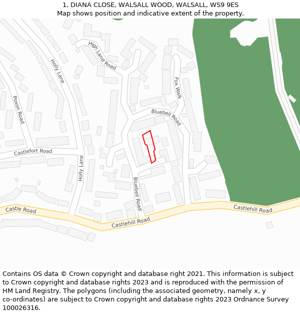 1, DIANA CLOSE, WALSALL WOOD, WALSALL, WS9 9ES: Location map and indicative extent of plot