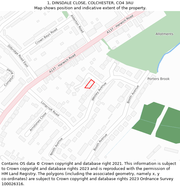 1, DINSDALE CLOSE, COLCHESTER, CO4 3AU: Location map and indicative extent of plot