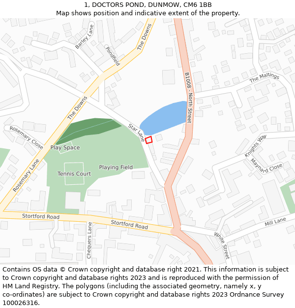 1, DOCTORS POND, DUNMOW, CM6 1BB: Location map and indicative extent of plot