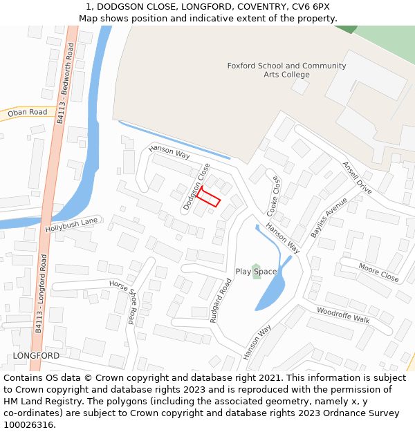 1, DODGSON CLOSE, LONGFORD, COVENTRY, CV6 6PX: Location map and indicative extent of plot