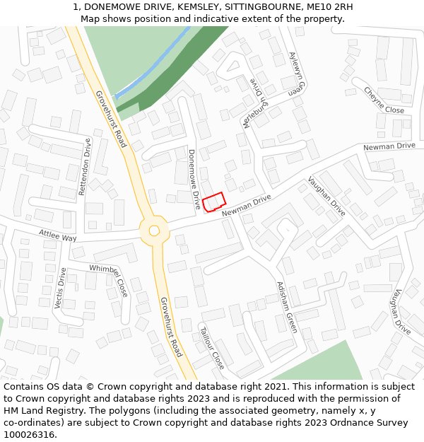 1, DONEMOWE DRIVE, KEMSLEY, SITTINGBOURNE, ME10 2RH: Location map and indicative extent of plot