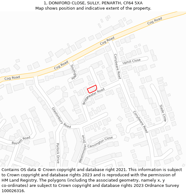 1, DONIFORD CLOSE, SULLY, PENARTH, CF64 5XA: Location map and indicative extent of plot